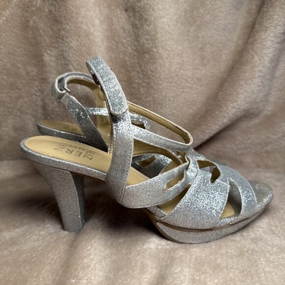 Naturalizer Metallic Silver Sparkly Glitter Open Toe Strappy Heels Women’s Sz 8M - Picture 1 of 8
